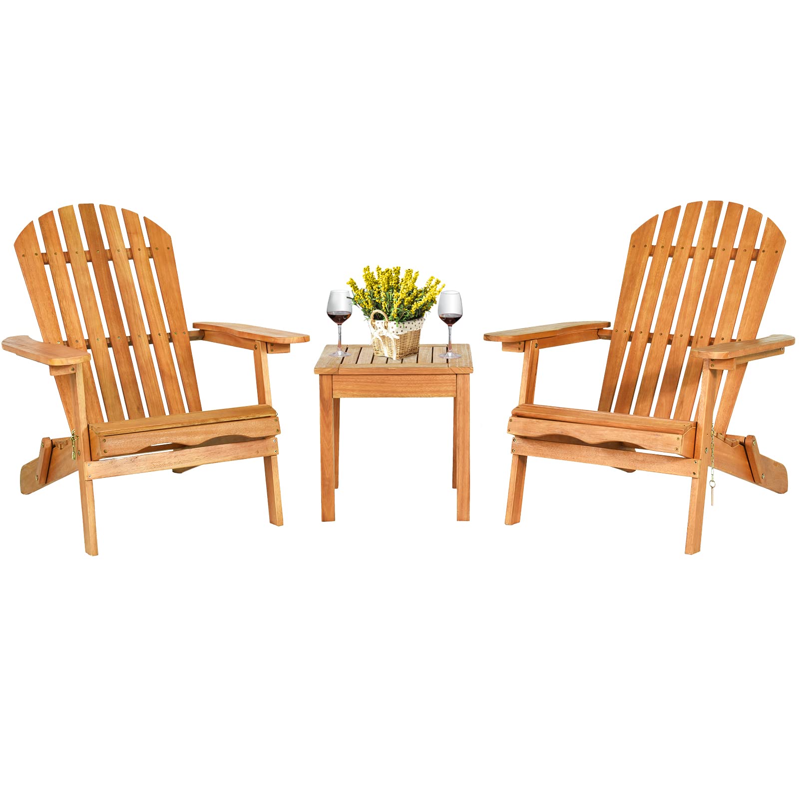 3 Pieces Adirondack Chair Set, Outdoor Wood Furniture Set with 2 Folding Lounge Chairs & Side Table